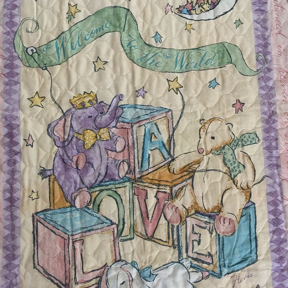 Pastel Baby Quilt Crib Blanket ABC Blocks Animals Lace Trim Reversible